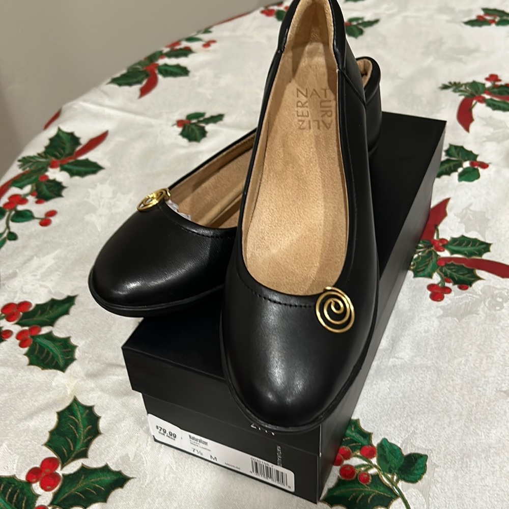Naturalizer Black Leather Ballet Flats with Gold Accent